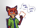  anthro canid canine clothing dialogue disney english_text fox fur half-closed_eyes hi_res holding_object looking_at_viewer mammal narrowed_eyes necktie nick_wilde orange_body orange_fur red_fox shirt solo speech_bubble talking_to_viewer text topwear yibsy zootopia 