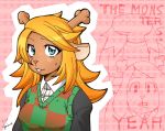  2018 anthro antlers blonde_hair blue_eyes buckteeth capreoline cervid clothing deltarune female hair horn koime_shioaji mammal noelle_holiday reindeer reptile scalie solo_focus susie_(deltarune) sweater_vest teeth topwear vest video_games 