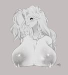  2019 big_breasts bodily_fluids breasts canid canine canis cherrikissu clothing domestic_dog female hair inverted_nipples lactating long_hair looking_at_viewer mabel_(cherrikissu) mammal mature_female nipples shirt simple_background solo topwear wet wet_clothing wet_shirt wet_topwear 