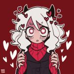  1girl bamboo_(merenge_doll) black_jacket blush demon_girl demon_horns heart heart-shaped_pupils helltaker highres horns jacket long_sleeves looking_at_viewer modeus_(helltaker) outline parted_lips red_background red_eyes red_sweater signature simple_background solo sweatdrop sweater symbol-shaped_pupils upper_body white_outline 