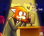  2017 anthro bodily_fluids bottomwear canid canine chair clothed clothing comic disney duo_focus english_text eulipotyphlan fox fully_clothed fur furniture group hi_res light lighting mammal mr._big necktie nick_wilde orange_body orange_fur pants polar_bear red_fox shirt shrew sitting spotlight sweat sweatdrop text topwear ursid ursine yibsy zootopia 