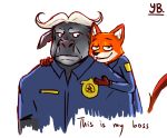  2017 anthro bovid bovine canid canine cape_buffalo chief_bogo clothed clothing comic disney duo english_text fox fur hi_res mammal nick_wilde orange_body orange_fur red_fox simple_background text white_background yibsy zootopia 