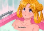  1girl alternate_hairstyle bath bishoujo_senshi_sailor_moon blonde_hair blue_eyes breasts collarbone derivative_work english_text eyebrows_visible_through_hair hair_rings hungry looking_up medium_breasts nude partially_submerged sailor_moon_redraw_challenge screencap_redraw solo subtitled tsukino_usagi upper_body water zoosama 