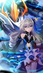  1girl absurdres bangs breasts bronya_zaychik bronya_zaychik_(herrscher_of_reason) center_opening commentary crossed_bangs drawdream1025 dress drill_hair earrings elbow_gloves eyebrows_visible_through_hair gloves grey_hair hair_ornament highres honkai_(series) honkai_impact_3rd jewelry layered_dress long_hair looking_at_viewer mecha navel open_mouth parted_lips project_bunny quad_drills silver_eyes solo standing 
