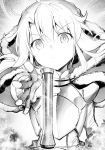  1girl 9nojo absurdres armor bangs cape commentary_request eyebrows_visible_through_hair fate/kaleid_liner_prisma_illya fate_(series) fingerless_gloves frown fur_trim gloves greyscale highres illyasviel_von_einzbern long_hair looking_at_viewer monochrome sword v-shaped_eyebrows weapon 