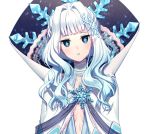  1girl aqua_lipstick bangs blue_eyes blunt_bangs cape choker diamond-shaped_pupils hair_intakes heart_of_the_woods high_collar lipstick long_hair makeup official_art pointy_ears rosuuri simple_background snowflake_pin snowflake_print solo symbol-shaped_pupils the_fairy_queen_(heart_of_the_woods) upper_body white_background 