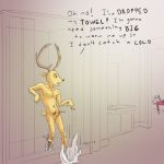  amputee antlers beastars canid canine canis cervid cervine dialogue disability duo english_text erection ffog fur genitals horn humanoid_genitalia humanoid_penis legoshi_(beastars) louis_(beastars) male mammal nude penis prosthetic prosthetic_leg prosthetic_limb pubes red_deer shower standing tan_body tan_fur text towel wet wolf 