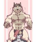  5_fingers abs absurd_res anthro anthro_on_anthro balls balls_on_face between_legs biceps biped blush bodily_fluids body_hair brown_body brown_fur canid canine canis chest_tuft claws cum cum_drip cum_on_chest cum_on_chin cum_on_face cum_string dripping duo erection fingers flunky flunky_(character) fur genital_fluids genitals grey_body grey_fur happy_trail hi_res humanoid_genitalia humanoid_penis inner_ear_fluff male male/male mammal multicolored_body multicolored_fur muscular muscular_arms muscular_legs muscular_male navel nipples open_mouth pecs penis simple_background standing sweat teeth tongue tongue_out triceps tuft two_tone_body two_tone_fur vein veiny_penis white_body white_fur wolf 