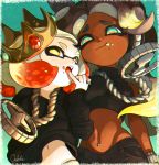  +_+ 2girls absurdres aqua_background aqua_eyes artist_name black_hair black_hoodie blonde_hair bracelet breasts closed_mouth crop_top crown dark_skin domino_mask furrowed_eyebrows gem gradient gradient_background hand_up headphones highres hime_(splatoon) hood hood_down hoodie horizontal_pupils huge_filesize iida_(splatoon) jewelry ketchup long_hair long_sleeves looking_at_viewer mask mayonnaise medallion medium_breasts medium_hair mole mole_under_mouth multicolored_hair multiple_girls navel navel_piercing octarian open_mouth otoboke-san piercing pink_pupils pocket red_hair ring signature sleeveless sleeveless_turtleneck sleeves_past_wrists splatoon_(series) splatoon_2 splatoon_2:_octo_expansion suction_cups teeth tentacle_hair turtleneck two-tone_hair very_long_hair yellow_eyes 