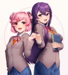  2girls :d artist_name bangs blue_sky book breasts commentary doki_doki_literature_club english_commentary fist_bump grey_jacket hair_between_eyes hair_ornament hair_ribbon hairclip hand_on_hip highres holding holding_book jacket large_breasts long_hair long_sleeves multiple_girls natsuki_(doki_doki_literature_club) neck_ribbon open_mouth pink_eyes pink_hair pleated_skirt purple_eyes purple_hair red_ribbon ribbon sasoura school_uniform shirt short_hair simple_background skirt sky small_breasts smile swept_bangs two_side_up very_long_hair white_shirt wing_collar yuri_(doki_doki_literature_club) 