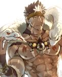  1boy abs bara beard brown_hair chest dark_skin dark_skinned_male earrings facial_hair headband highres jewelry male_focus multicolored_hair muscle necklace nipples pectorals pointy_ears sky_(sora_no_gomibako) snake solo spiked_hair tangaroa tattoo tokyo_houkago_summoners tooth_necklace upper_body white_hair yellow_eyes 