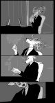  anthro antlers beastars business_suit cervid cervine cigarette clothed clothing comic desk furniture greyscale hi_res horn louis_(beastars) male mammal monochrome nekokat42 red_deer sitting smoking solo suit 