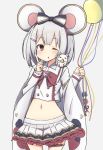  1girl animal_ears balloon bow commentary_request eyebrows_visible_through_hair granblue_fantasy grey_hair hair_ornament hairband hairclip holding_balloon index_finger_raised looking_at_viewer medium_hair midriff mouse mouse_ears navel one_eye_closed red_bow red_eyes shirt simple_background skirt thigh_strap toro_th vikala_(granblue_fantasy) white_background white_shirt white_skirt wide_sleeves 