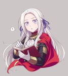  ! 1girl :o book cape cropped_torso edelgard_von_hresvelg fire_emblem fire_emblem:_three_houses food fringe_trim garreg_mach_monastery_uniform gloves grey_background hair_ribbon hiyori_(rindou66) holding holding_food long_hair long_sleeves looking_at_viewer open_book parted_lips purple_eyes purple_ribbon red_cape ribbon silver_hair simple_background solo speech_bubble spoken_exclamation_mark sweat upper_body white_gloves 