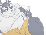  2020 4:3 anthro bottomwear bulge cddi_h clothed clothing cute_fangs humanoid_hands kemono male open_shirt overweight overweight_male shirt shorts simple_background solo tokyo_afterschool_summoners topwear tsathoggua video_games white_background 