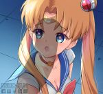  1girl artist_name bishoujo_senshi_sailor_moon blonde_hair blue_eyes blue_sailor_collar bow breasts breath choker cleavage collarbone double_bun earrings gloves heart heart-shaped_pupils highres jewelry long_hair magical_girl neho-kun penis_awe penis_shadow red_bow red_choker sailor_collar sailor_moon sailor_moon_redraw_challenge sailor_senshi sailor_senshi_uniform saliva solo symbol-shaped_pupils tagme twintails 