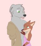  2020 anthro black_nose brown_body brown_fur canid canine canis cheek_tuft disney duo facial_tuft fan_character female fox fur green_eyes grey_body grey_fur head_tuft hi_res male mammal missing_arm mrs._wilde open_mouth pink_background red_fox simple_background smile stan_(zhan) tuft wolf zhan zootopia 