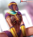  1girl abs alternate_breast_size bangs blunt_bangs bob_cut breasts circlet dark_skin dissolving_clothes green_eyes large_breasts light_smile lips lipstick looking_at_viewer makeup menat midriff navel no_bra nose out-of-frame_censoring purple_hair rejean_dubois sarong short_hair simple_background solo spread_legs stomach street_fighter street_fighter_v torn_clothes usekh_collar v_arms vambraces 