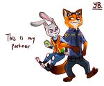  2017 anthro bottomwear canid canine clothed clothing comic disney duo english_text fox fully_clothed fur grey_body grey_fur hi_res judy_hopps lagomorph leporid mammal necktie nick_wilde orange_body orange_fur pants rabbit red_fox shirt simple_background smile text topwear white_background yibsy zootopia 