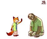  2017 anthro bottomwear brown_body brown_fur canid canine clothed clothing comic disney duo flash_slothmore fox fully_clothed fur hi_res mammal necktie nick_wilde orange_body orange_fur pants pilosan red_fox shirt simple_background sitting sloth topwear white_background xenarthran yibsy zootopia 