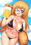  1girl beach beer_mug bikini black_bikini blonde_hair blue_eyes breasts cup fang food friday_(granblue_fantasy) glasses granblue_fantasy highres large_breasts long_hair mug navel ocean shrimp shrimp_tempura swimsuit tempura zasshu_nigou 