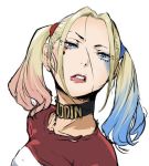  1girl blonde_hair blue_eyes breasts enami_katsumi harley_quinn lipstick looking_at_viewer lowres makeup medium_hair multicolored_hair simple_background solo suicide_squad twintails white_background 