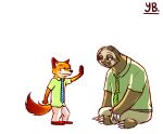  2017 anthro barefoot bottomwear brown_body brown_fur canid canine claws clothed clothing comic disney duo flash_slothmore fox fully_clothed fur hi_res mammal necktie nick_wilde orange_body orange_fur pants pilosan red_fox shirt simple_background sitting sloth standing toe_claws topwear white_background xenarthran yibsy zootopia 