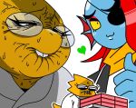  &lt;3 2018 alphys animal_humanoid anthro bite biting_lip biting_own_lip cross-popping_vein duo eye_patch eyewear fish fish_humanoid gesture glasses humanoid humor koime_shioaji marine marine_humanoid mew_mew_kissy_cutie reptile scales scalie self_bite simple_background thumbs_up undertale undyne vein video_games white_background yellow_body yellow_scales yellow_sclera 