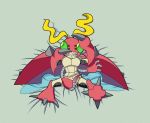  animal_genitalia animal_penis arthropod dakimakura_design digimon digimon_(species) genitals green_eyes grey_markings insect lying male markings p.v.su penis penis_grab red_body shy tentomon wings 