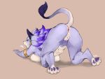  4:3 anthro anus ass_up belladonna_(trials_of_mana) breasts buta99 butt claws ear_piercing felid feline female fur genitals hi_res mammal navel nude open_mouth piercing purple_body purple_fur pussy simple_background solo stretching toe_claws trials_of_mana yawn 