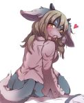  &lt;3 anthro blush breasts butt canid canine canis clothed clothing domestic_dog female fur grey_body grey_fur hair hi_res horn looking_at_viewer looking_back mammal mouth_hold rear_view shirt sitting solo sukiya topwear yellow_eyes 