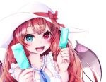  1girl blue_eyes demon_wings dress food hat heterochromia koshinaka-zz long_hair looking_at_viewer nijisanji open_mouth popsicle red_eyes red_hair solo sun_hat virtual_youtuber white_dress wings yuzuki_roa 