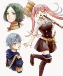  1girl 2boys akke ashe_ubert axe belt blue_legwear boots fire_emblem fire_emblem:_three_houses garreg_mach_monastery_uniform green_eyes green_hair grey_hair hilda_valentine_goneril holding holding_axe hood hood_down linhardt_von_hevring long_hair multiple_boys open_mouth parted_lips pink_eyes pink_hair simple_background thighhighs twintails uniform white_background 