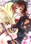  1girl absurdres bench brown_eyes brown_hair brown_serafuku brown_skirt cherry_blossoms cowboy_shot euphonium flower handkerchief hibike!_euphonium highres hiragi_ringo instrument kitauji_high_school_uniform music neckerchief oumae_kumiko park_bench playing_instrument pleated_skirt red_neckwear sailor_collar school_uniform serafuku short_hair sitting skirt solo white_sailor_collar 