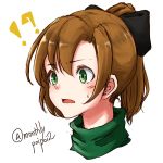  !? 1girl akigumo_(kantai_collection) brown_hair commentary_request green_eyes hair_ribbon head_only highres kantai_collection long_hair ponytail ribbon simple_background solo turtleneck twitter_username umibudou upper_body white_background 