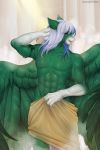  2020 abs anthro digital_media_(artwork) equid equine feathered_wings feathers fur green_body green_feathers green_fur hi_res male mammal margony muscular muscular_male pegasus showering solo steam towel towel_only wings 