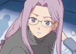  1boy 1girl black_sweater derivative_work emiya_shirou fate/stay_night fate_(series) glasses long_hair long_sleeves mo_(kireinamo) out_of_frame purple_eyes purple_hair rider sailor_moon_redraw_challenge sweat sweater tissue turtleneck turtleneck_sweater upper_body used_tissue 