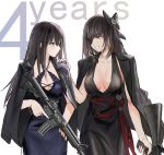  2girls assault_rifle black_dress black_hair blue_dress bow breasts brown_eyes cleavage criss-cross_halter dress eye_contact eyepatch girls_frontline grin gun hair_bow halterneck hand_on_another&#039;s_shoulder highres jacket_on_shoulders kisetsu long_hair looking_at_another m16 m16a1 m16a1_(girls_frontline) m4_carbine m4a1_(girls_frontline) medium_breasts mole mole_under_eye multicolored_hair multiple_girls rifle sidelocks simple_background smile streaked_hair trigger_discipline weapon 