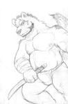  2016 anthro asian_clothing belly bulge canid canine clothing east_asian_clothing fundoshi hi_res humanoid_hands japanese_clothing kemono male mammal moobs nipples overweight overweight_male scar simple_background solo underwear v2wolf weapon white_background 