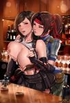  2girls alcohol armor bangs bar bare_shoulders black_skirt black_skrit blush bodysuit_under_clothes boobplate bottle breast_grab breastplate breasts breasts_outside brown_eyes brown_hair counter cup earrings elbow_gloves elbow_sleeve exlic final_fantasy final_fantasy_vii final_fantasy_vii_remake fingerless_gloves fishnet_top glass gloves grabbing green_pants grin headband highres jessie_rasberry jewelry large_breasts long_hair low-tied_long_hair midriff miniskirt multiple_girls navel nipple_tweak open_mouth pants red_bandana red_headband shirt shoulder_armor skirt smile suspender_skirt suspenders sweat swept_bangs tank_top taut_clothes taut_shirt tifa_lockhart white_tank_top 