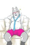  2013 anthro blush canid canine canis clothed clothing fur furniture grey_body grey_fur kemono male mammal necktie one_eye_closed open_shirt pillow shirt sitting slightly_chubby sofa solo topwear underwear v2wolf white_body white_fur wink wolf 