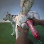  1:1 absurd_res anatomically_correct animal_genitalia animal_penis anthro anthro_on_feral anus ball_grab balls bestiality blue_eyes bodily_fluids canid canine canine_penis canis digitigrade domestic_dog erection feral fur genital_fluids genitals hand_on_balls hi_res knot knot_grab looking_back male mammal multicolored_body multicolored_fur outside penis penis_grab precum quadruped raised_leg virtyalfobo 