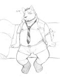  2014 absurd_res anthro bed belly blush bulge canid canine canis clothed clothing furniture hi_res humanoid_hands kemono male mammal moobs nipples open_shirt overweight overweight_male pillow pubes shirt solo text topwear underwear v2wolf wolf 