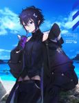  1boy aym beach black_gloves black_hair black_neckwear black_pants copyright_name dated day drinking drinking_straw gloves hair_between_eyes hair_ornament male_focus manacle_kralien necktie outdoors pants pixiv_fantasia pixiv_fantasia_age_of_starlight pixiv_id pointy_ears purple_eyes sidelocks standing twitter_username vest 