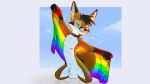  16:9 animal_genitalia anthro balls black_hair canid canine collar flag fox fur genitals hair hybrid lgbt_pride male mammal nude orange_body orange_fur pride_colors sheath solo trevart vander white_body white_fur widescreen 