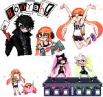  1boy 3girls :d ^_^ amamiya_ren aori_(splatoon) black_hair black_ribbon black_shorts character_request charamells closed_eyes closed_mouth commentary dancing english_commentary glasses hair_ribbon hotaru_(splatoon) inkling jumping kirby kirby_(series) legs_apart long_hair looking_at_viewer multiple_girls one_eye_closed open_mouth orange_hair persona persona_5 pixel_art ribbon sakura_futaba shorts simple_background smile sparkle splatoon_(series) spotlight standing super_smash_bros. white_background yellow_eyes 