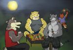  2011 anthro belly bottomwear canid canine canis clothing detailed_background eyes_closed felid fur grey_body grey_fur group kemono male mammal moon navel night outside overweight overweight_male pantherine pants shirt shorts sitting tiger topwear v2wolf wolf 