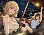  3girls :d absurdres animal_ears armpits arms_up asymmetrical_hair bangs bathing black_hair blonde_hair blush braid breasts brown_hair brown_tail cat_ears cat_tail character_request cleavage closed_mouth collarbone hand_on_own_chest highres kakao_rantan knees_up large_breasts long_hair looking_at_viewer majutsu_gakuin_wo_shuseki_de_sotsugyou_shita_ore_ga_boukensha_wo_hajimeru_no_wa_sonna_ni_okashii_darou_ka medium_breasts multiple_girls naked_towel night novel_illustration official_art open_mouth outstretched_arm partially_submerged purple_eyes rock short_hair sidelocks sitting smile stretch tail textless towel upper_teeth wet 