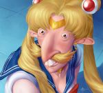  1boy 2020 big_nose bishoujo_senshi_sailor_moon blonde_hair blue_sailor_collar blush breasts choker cleavage cosplay crescent crescent_earrings diadem earrings facial_hair hair_over_shoulder jewelry long_hair meme miko_punsalan mustache nigel_thornberry red_choker sailor_collar sailor_moon sailor_moon_(cosplay) sailor_moon_redraw_challenge signature solo teeth the_wild_thornberrys twintails upper_body 