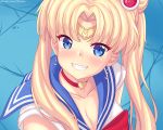  1girl bangs bishoujo_senshi_sailor_moon blonde_hair blue_eyes blue_sailor_collar blush bow breasts choker circlet cleavage collarbone commentary crescent crescent_earrings derivative_work double_bun earrings english_commentary fast-runner-2024 grin hair_ornament heart heart_choker jewelry long_hair looking_at_viewer medium_breasts parted_bangs red_bow red_choker sailor_collar sailor_moon sailor_moon_redraw_challenge sailor_senshi_uniform screencap_redraw shirt sleeveless sleeveless_shirt smile solo tsukino_usagi twintails upper_body watermark web_address white_shirt 